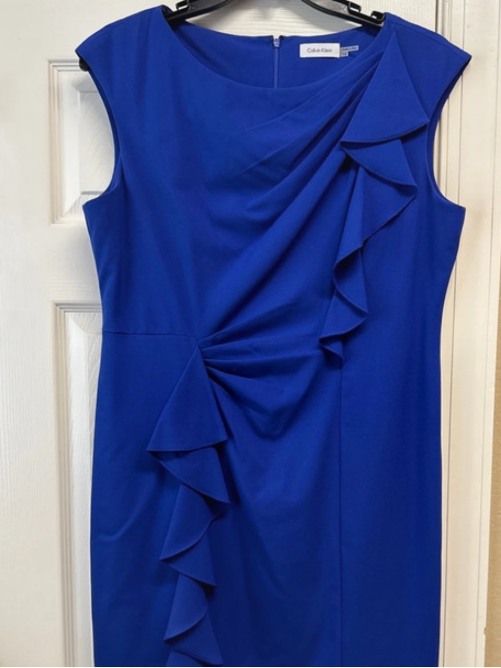 Calvin Klein Cobalt Blue Sleeveless Ruffle Sheath Dress